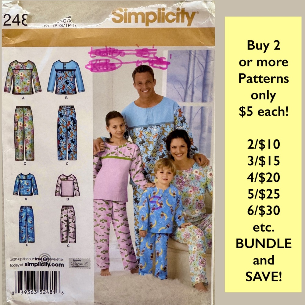 Simplicity 2481 Child’s Teens Adults Pajama Sets Sewing Pattern Uncut (XS-XL)